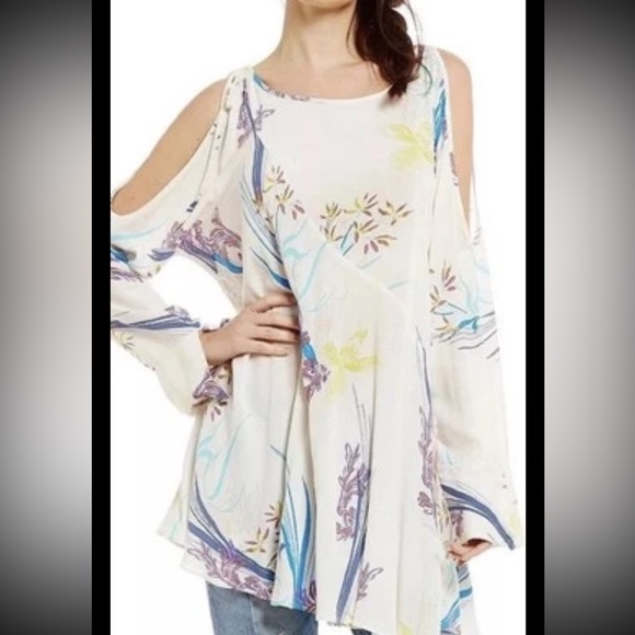 FREE PEOPLE Clear Skies Printed Tunic Dress Boho Cold Shoulder White Pastel XS - Picture 2 of 9